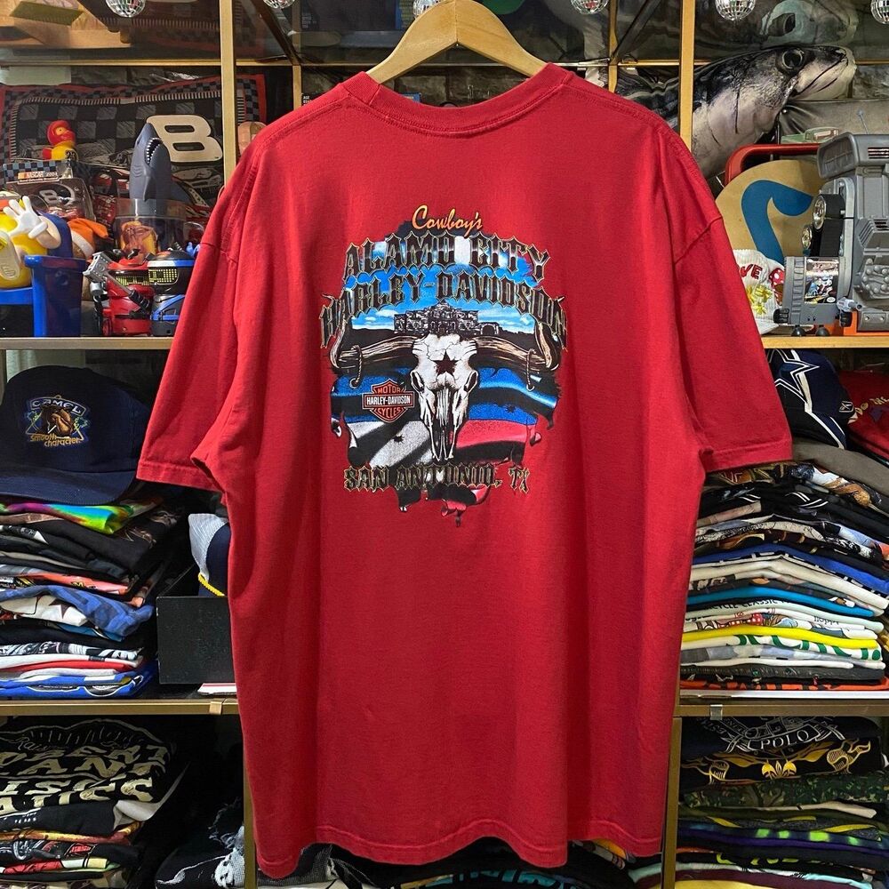 Vintage Harley Davidson No 1 Logo Longhorn Skull Alamo Texas TShirt Red 2XL Y2K